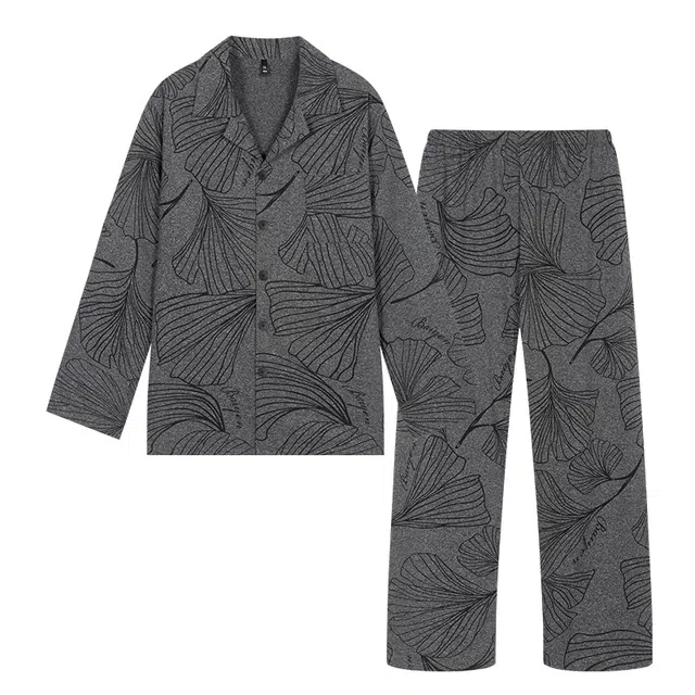 宫蝶 爽肤棉长袖满印开衫宽松复古家居服可外穿睡衣套装 男款