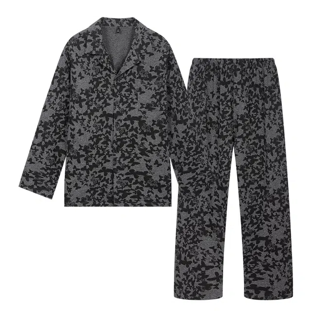 宫蝶 爽肤棉长袖休闲家居服开衫复古风满印可外穿大码睡衣套装 男款