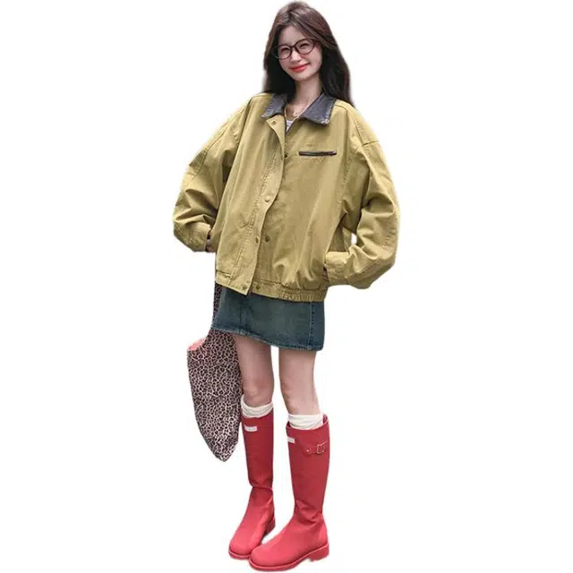 稻草人 时尚复古休闲甜酷风松弛感翻领撞色设计感夹克外套 女款