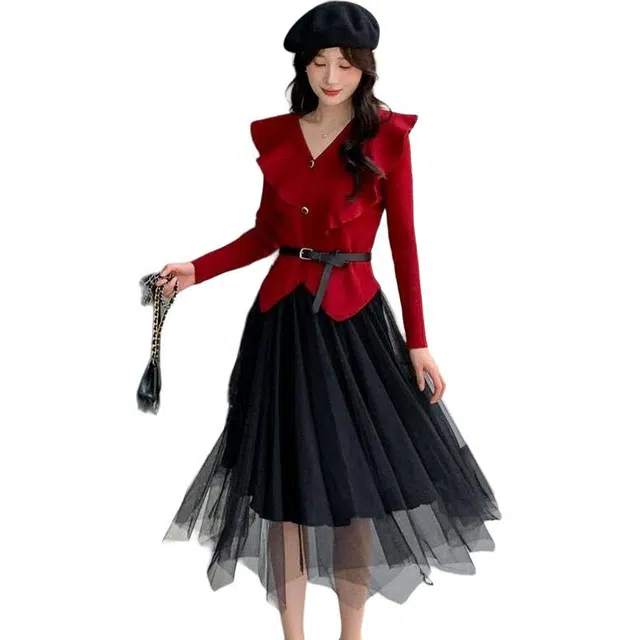 纤丝鸟 两件套半裙套装不规则荷叶花边毛衣开衫长袖连衣裙 女款