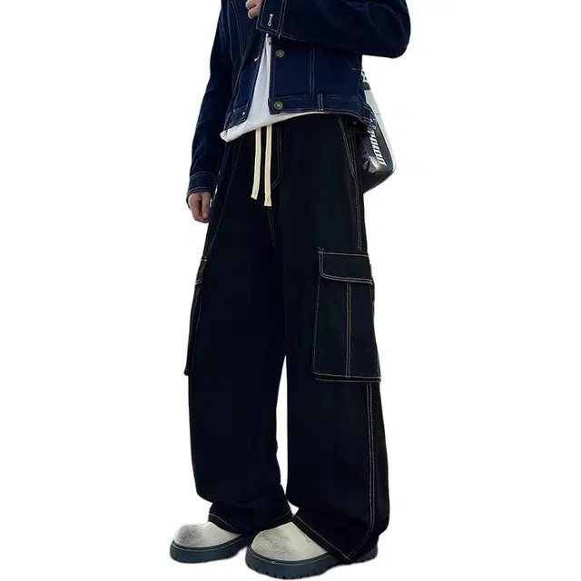 如续 美式复古多口袋水洗做旧宽松直筒港风长裤基础款百搭松紧拖地牛仔裤 男女同款