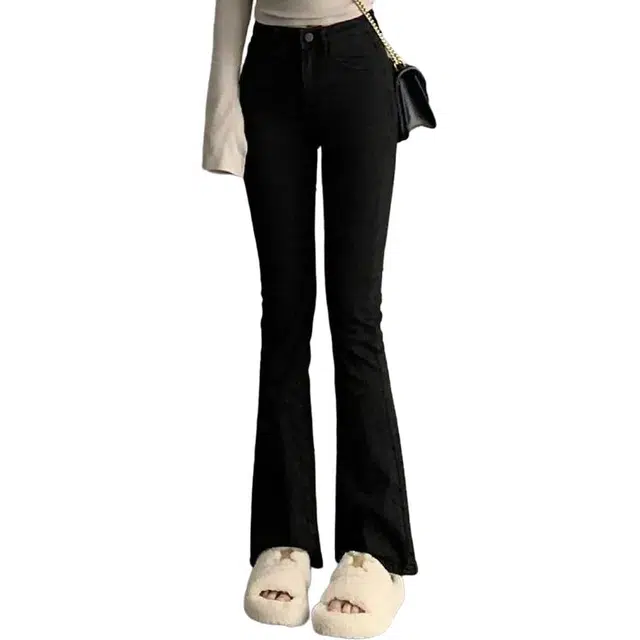 么宁 黑色微喇小个子马蹄裤修身弹力高腰拖地喇叭长裤牛仔裤 女款