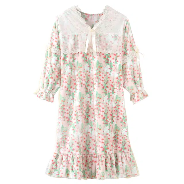 顶瓜瓜 珊瑚绒保暖加绒加厚公主风满印碎花长袖休闲家居服睡裙 女款