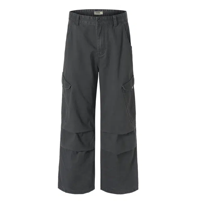 下层基础 石磨复古水洗多口袋休闲裤男直筒宽松阔腿伞兵工装裤 男女同款