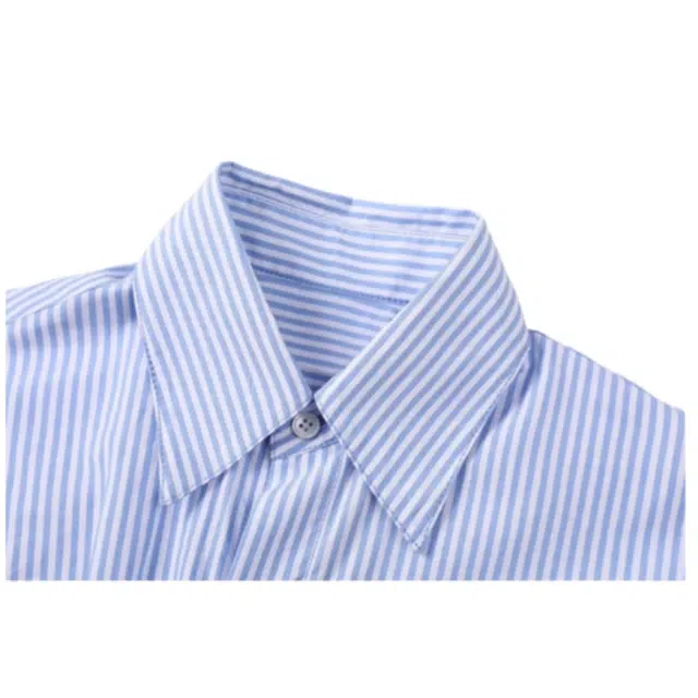 地界二 小熊玩偶拼接蓝色条纹春秋宽松不规则衬衫 男款