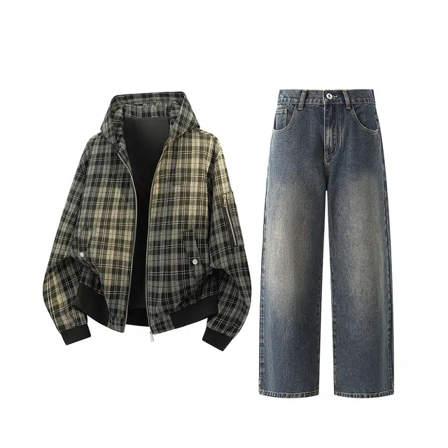 素杭 美式重磅帽衫复古格纹连帽夹克外套搭配半松紧直筒百搭牛仔裤两件套潮牌穿搭一整套休闲运动套装 男女同款