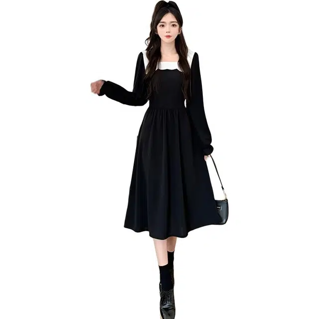纤丝鸟 法式复古方领拼接茶歇裙收腰显瘦长裙长袖连衣裙 女款