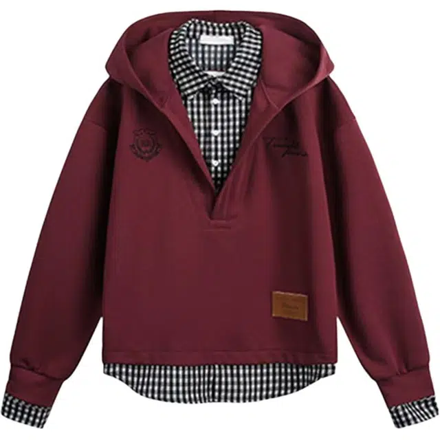 如续 美式假两件格子衬衫拼接连帽上衣秋季上新潮流时尚百搭宽松休闲卫衣 男女同款