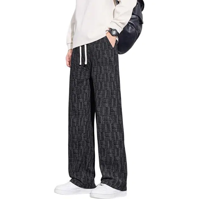 协协乐 高街风编织格子设计氛围感秋冬季美式潮牌宽松直筒垂坠感阔腿拖地裤青少年痞帅弹力抽绳百搭运动长裤休闲裤 男款