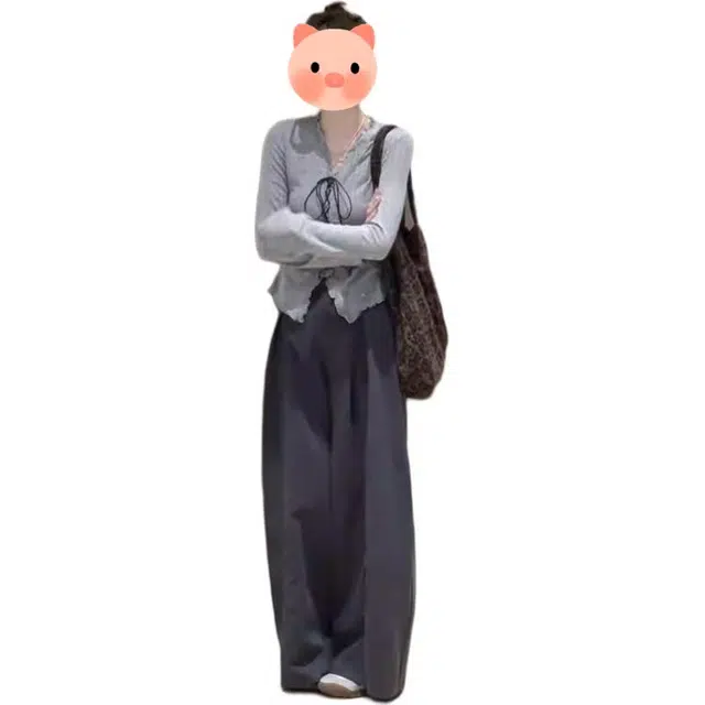 轻迎 气质韩系温柔收腰长袖系带上衣遮胯显瘦阔腿裤休闲套装 女款