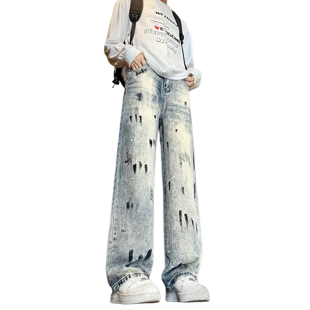 布客行 【泼墨复古直筒显高显瘦】美式高街水洗做旧基础款设计感纹理柔软舒适百搭弯刀阔腿长裤垂感宽松休闲扎染炸街牛仔裤 男女同款
