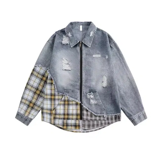 虫小绿 美式复古宽松多元素拼接格纹服饰长袖上衣春秋季设计休闲高街撞色夹克破洞创意情侣款牛仔外套 男女同款