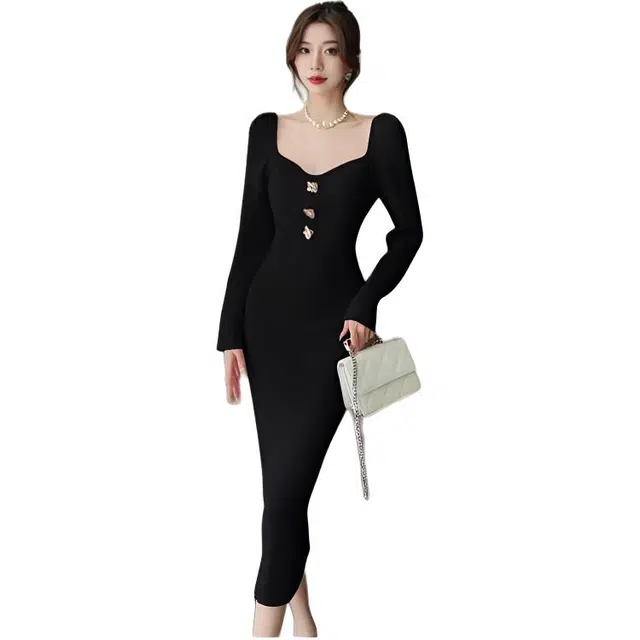 纤丝鸟 法式针织气质高腰显瘦方领打底长裙潮长袖连衣裙 女款