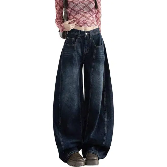 如续 美式复古刺绣设计弯刀阔腿裤高腰直筒小个子显瘦显腿长宽松拖地裤牛仔裤 女款