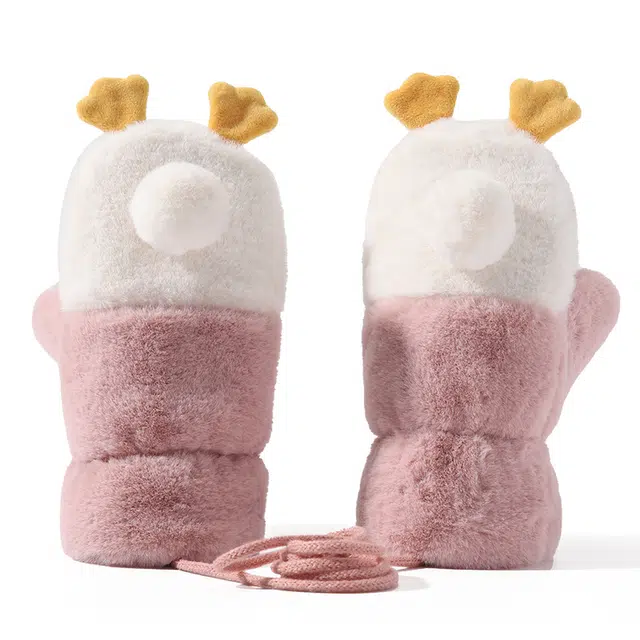 俞兆林 可爱毛绒冬季保暖防寒加绒厚挂脖男女童宝宝户外防风御寒包指 加厚 绒线手套 儿童款