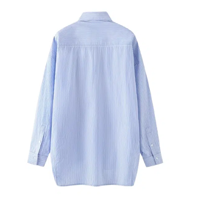 地界二 小熊玩偶拼接蓝色条纹春秋宽松不规则衬衫 男款