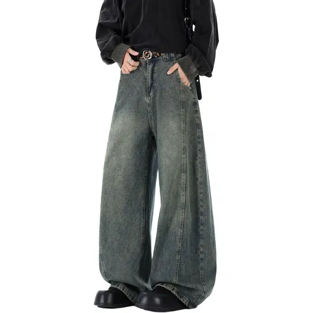 佐菲利 美式高街阔腿宽松直筒垂坠感拖地裤子男生水洗复古牛仔裤 男女同款