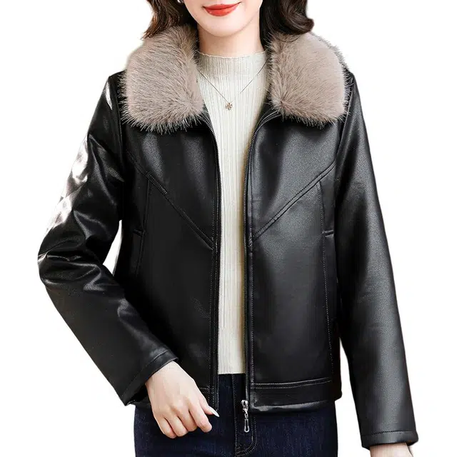 缪斯的诱惑 经典摩登复古宝藏机车风美拉德时尚绝美高级翻领夹克短款外套百搭优雅气质显瘦休闲高质感软皮甲设计加绒加厚保暖毛领皮衣 女款
