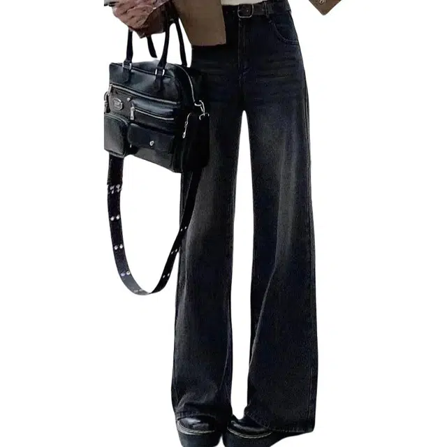 么宁 美式加绒黑色高腰直筒复古显瘦宽松垂感窄版阔腿裤牛仔裤 女款