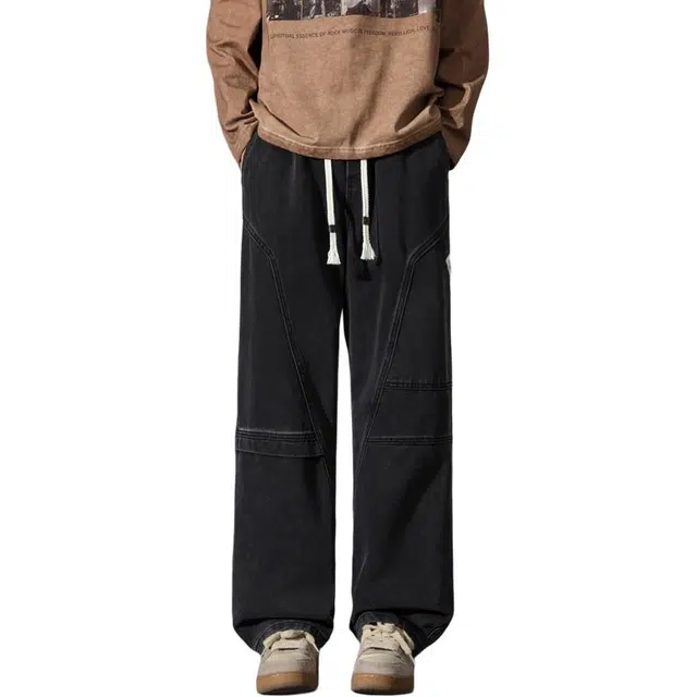 海尔斯 美式高街宽松直筒拼接百搭时尚简约牛仔裤 男款