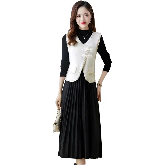 纤丝鸟 两件套针织气质修身显瘦毛衣打底裙子长袖连衣裙 女款