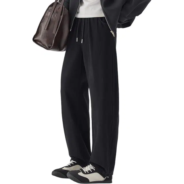 协协乐 纯棉高街风纯色拼接氛围感春秋季美式潮牌宽松直筒阔腿垂坠感拖地裤青少年弹力抽绳痞帅百搭运动长裤工装裤 男款