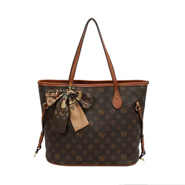 米囹 复古印花购物袋 柔软 斜挎单肩包 棕色