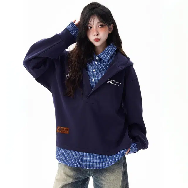 小卷要加油 国潮牌美式假两件连帽带挂牌男潮流格子衬衫拼接设计情侣外套卫衣 男女同款