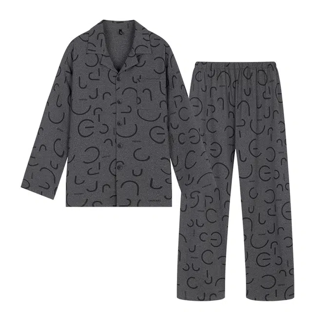 宫蝶 爽肤棉长袖休闲家居服抽象风满印宽松大码开衫可外穿睡衣套装 男款