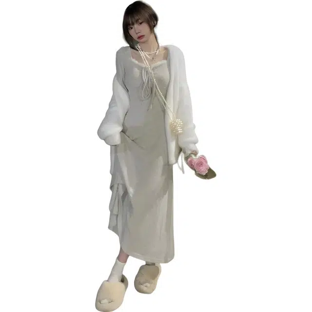 纤丝鸟 法式高级设计感气质方领不规则打底内搭长裙子长袖连衣裙 女款