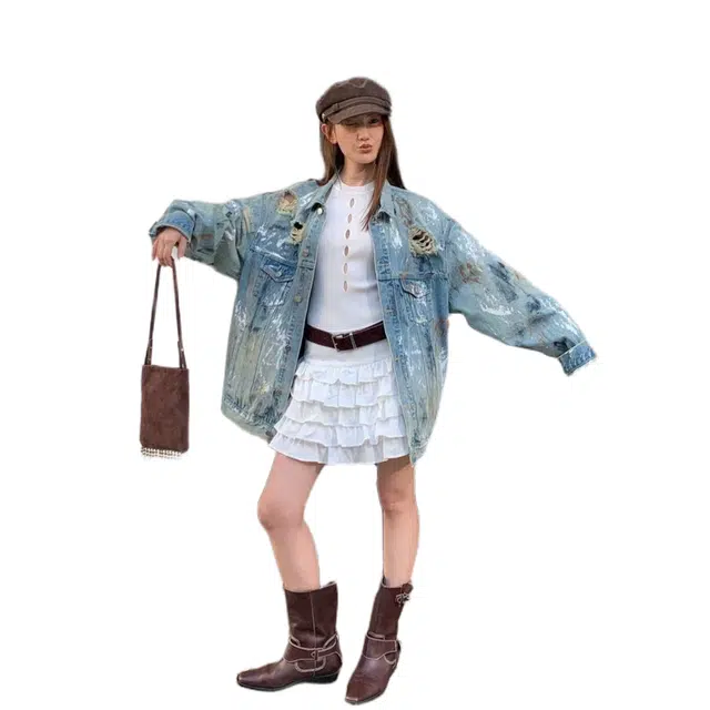 苏九儿 美式脏染破洞复古水洗做旧宽松潮牛仔外套 女款