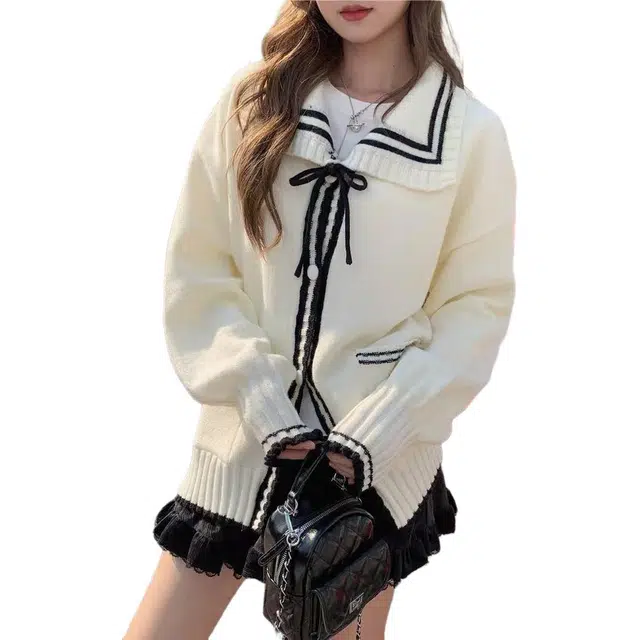 沐晓欣 法式甜美学院风慵懒秋冬季海军领设计小众软糯开衫外套针织衫 女款