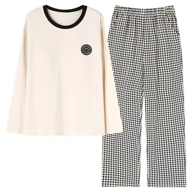 草本初色 亲肤女士舒适柔软透气长袖长裤家居服防凹点带胸垫睡衣套装 女款