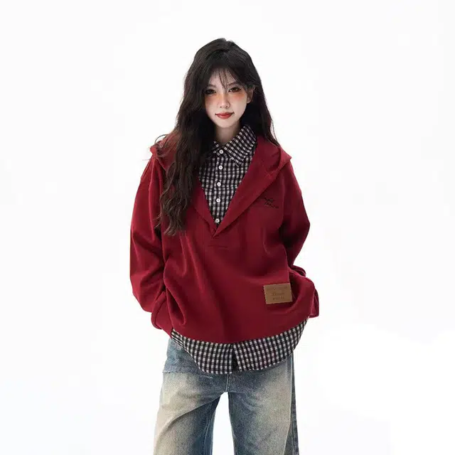 如续 美式复古假两件格子衬衫拼接连帽上衣潮流个性百搭秋季上新宽松休闲潮牌卫衣 男女同款