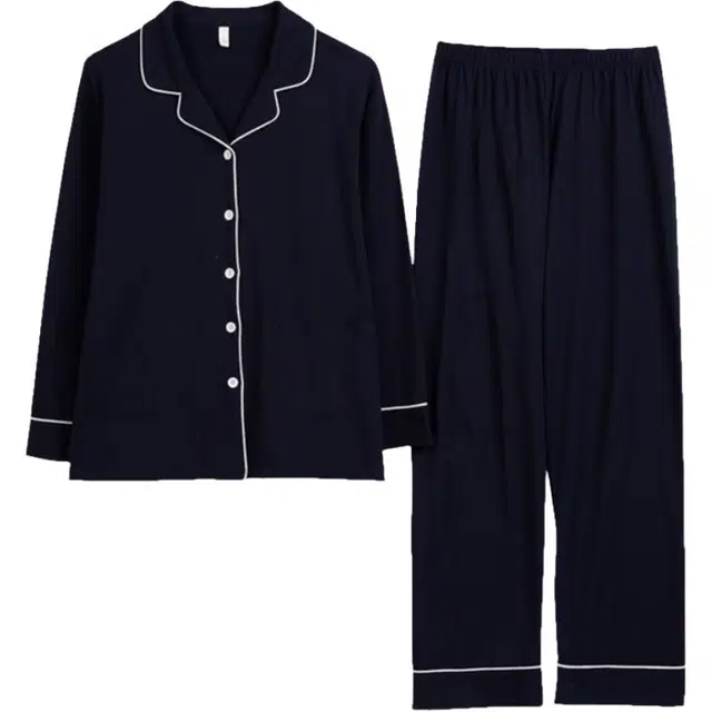 浮光岛屿 简约纯色翻领高级感长袖长裤家居服舒适亲肤透气可外穿宽松休闲睡衣套装 女款 礼盒款 藏青色
