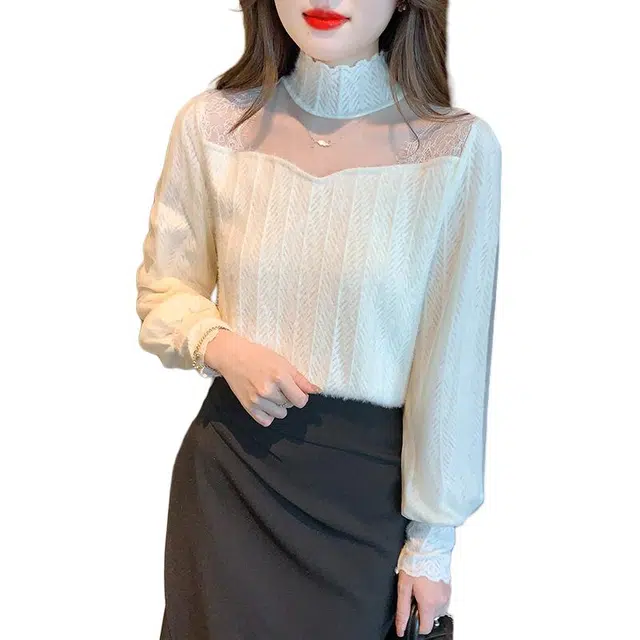 缪斯的诱惑 半高领网纱拼接长袖毛茸茸打底衫女蕾丝衫衬衫 女款