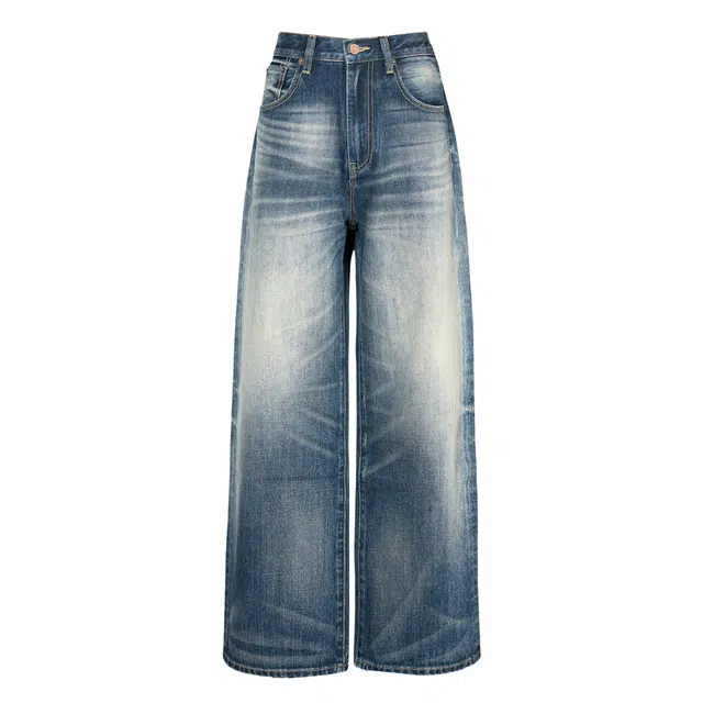 如续 美式高街复古宽松直筒拖地潮流纽扣牛仔裤 男女同款