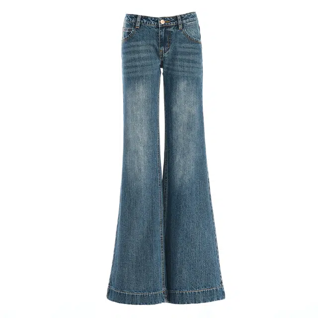 拾籍 美式风格百搭小众辣妹竹节纹低腰修身显瘦微喇设计拖地牛仔裤 女款