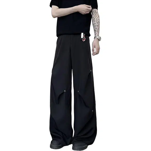 如续 美式高街铆钉黑色工装裤设计感显瘦宽松阔腿裤子休闲裤 男女同款