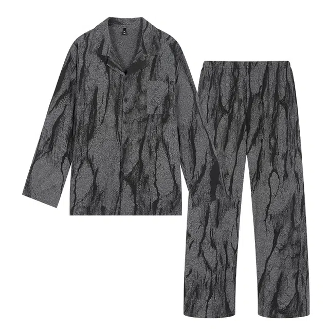 宫蝶 爽肤棉长袖满印家居服宽松复古开衫可外穿大码睡衣套装 男款