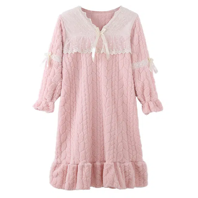 顶瓜瓜 珊瑚绒保暖加绒加厚公主风简约纯色条纹长袖休闲家居服睡裙 女款