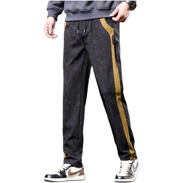 潮人榜 国风潮流撞色百搭直筒裤印花设计感抗皱松紧腰抽绳柔软亲肤舒适有型显高显瘦休闲裤 男女同款