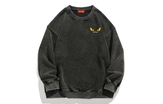 宜而爽 美式高街复古潮牌创意仿刺绣卡通恶魔笑脸图案字母印花水洗做旧宽松休闲落肩长袖上衣日常通勤百搭套头圆领卫衣 男女同款