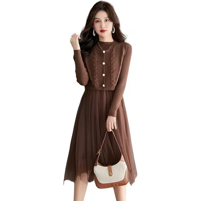 纤丝鸟 两件套针织中长款修身显瘦毛衣打底裙子套装裙长袖连衣裙 女款