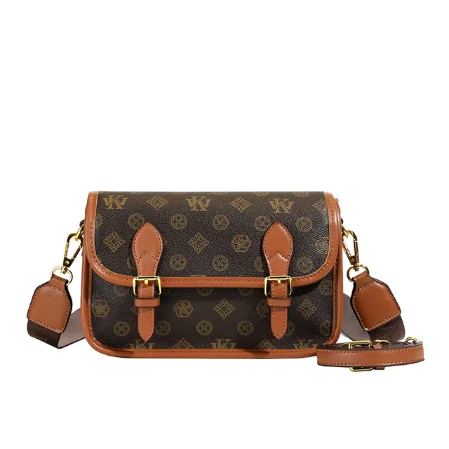 米囹 复古印花 宽肩带邮差包 单肩剑桥包 小号 棕色