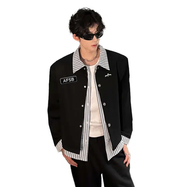 艾梵斯贝 美式复古潮流垫肩假两件条纹金属扣小众设计款无性别日常通勤百搭宽松休闲时尚高级感潮酷个性街头高街风夹克 男款