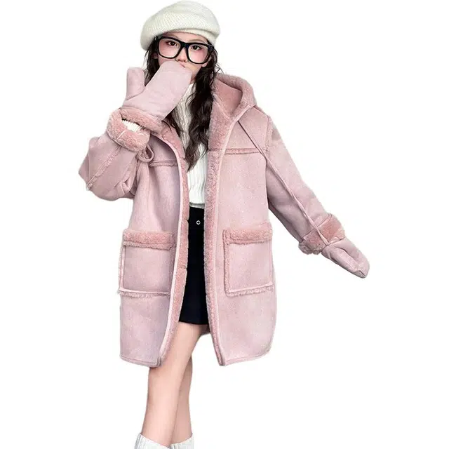 蓝彩何纯色中长款呢大衣 儿童款