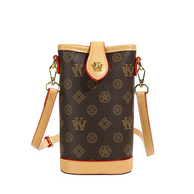 米囹 复古印花 水桶包 单肩手机包 棕色