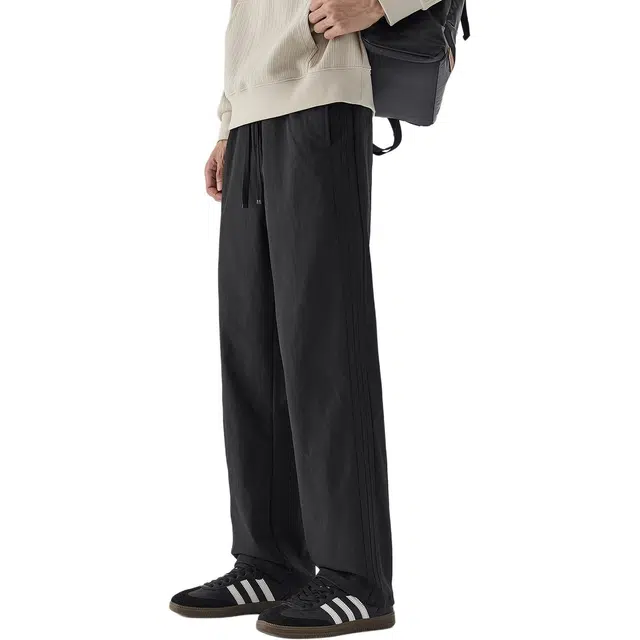 协协乐 高街风纯色三条杠美式潮牌机能风秋冬季宽松阔腿垂坠感青少年弹力抽绳百搭休闲运动长裤工装裤 男款