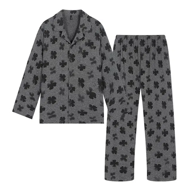 宫蝶 爽肤棉长袖满印家居服宽松复古开衫大码睡衣套装 男款